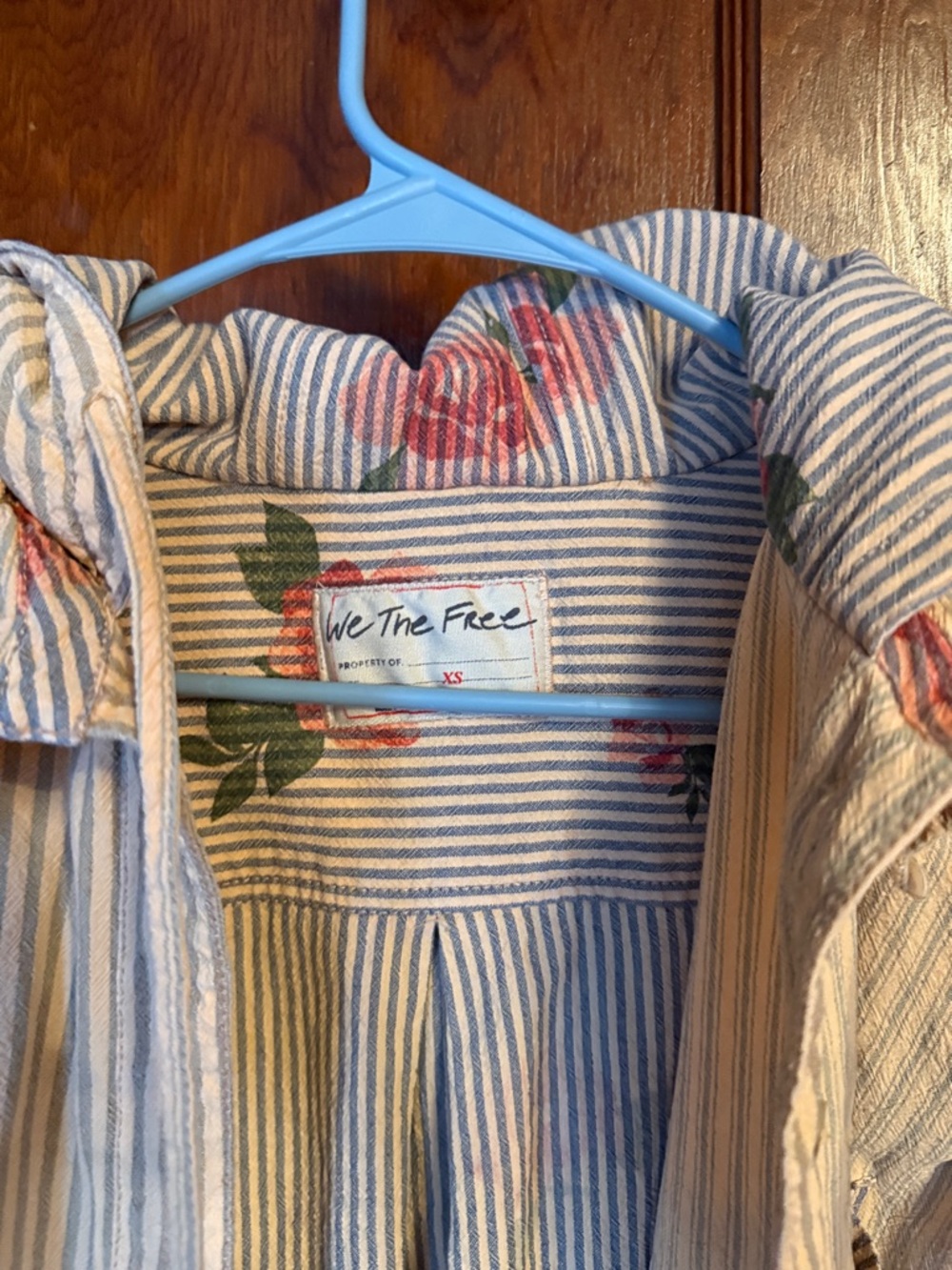 We The Free Blue-Striped Shirt with Pink Floral Accent
